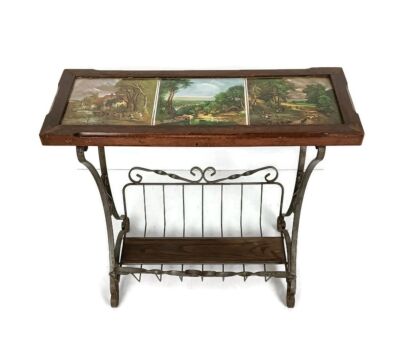 Vintage Magazine Newspaper Basket   Side Table Ceramic Tiles Wrought Iron Dutch 