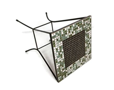 small Vintage  Side Table Plant stand Mosaic tiles Checkered pattern Wrought Iron legs green shades