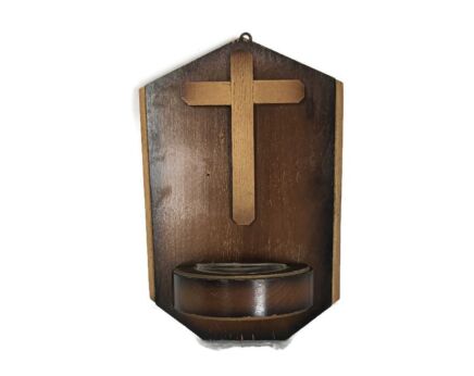 Art deco antique holy water Font Vessel wood wall hanging crucifix 