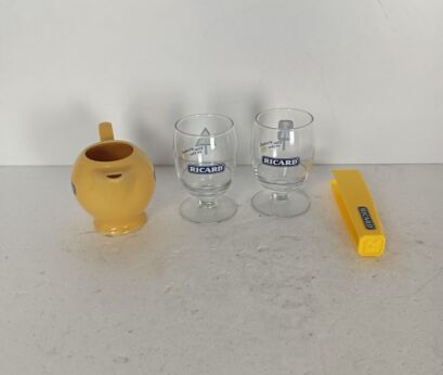 set of yellow ricard jar two glasses and ice tongs French apero collector