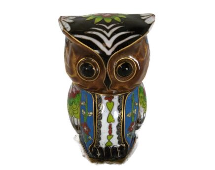 vintage small figurine Chinese cloisonne owl bird on wooden base 