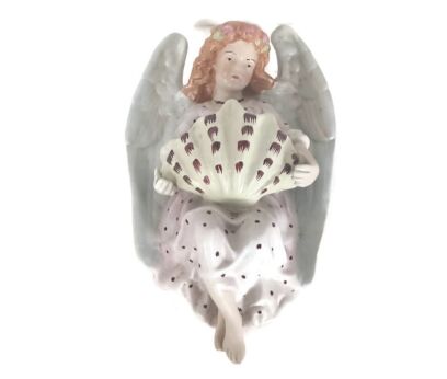 Huge vintage Holy Water font Vessel Angel polychrome hand painted gorgeous wall hanging