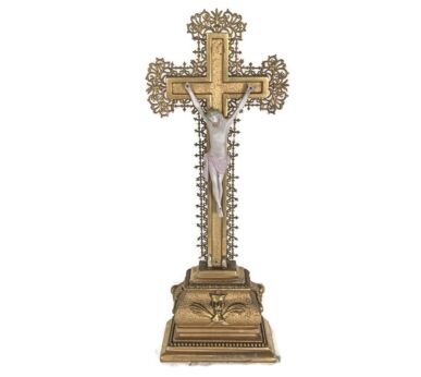 antique standing table crucifix cross ormulu wood porcelain Corpus Christianity Jesus Christ