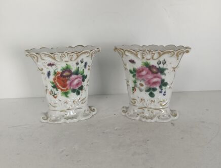 couple antique fan flair vases porcelain Vieux Paris flower pattern