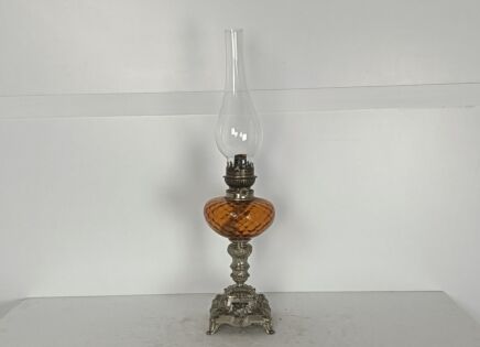 antique oil lamp Spelter Faux Brass brown bubbled Glass Desk Lamp Burner Chimnee