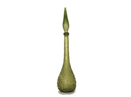 Vintage Empoli Genie Bottle Decanter w/ Stopper Olive Green Italy Wax Drip Mid Century