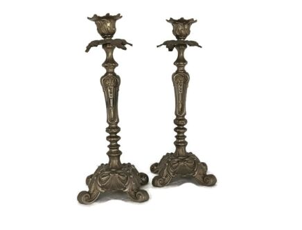 pair of candle holders sticks vintage spelter faux brass small decorative