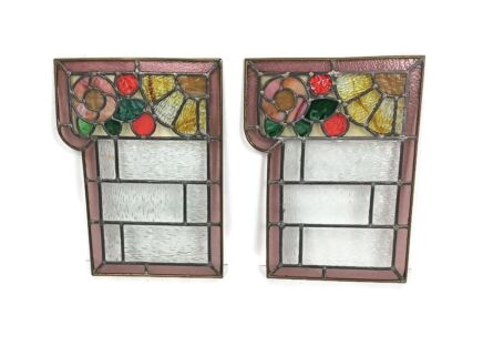 antique Art Deco Leaded Glass Pair Polychrome WIndows Reclaimed Architectural Panels lovely