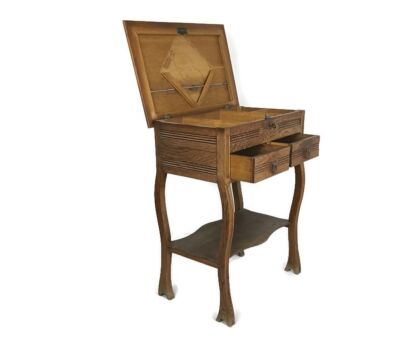 Antique Art Deco Sewing Quilting Box table Cabinet Two Tier carved wood desk cabinet 