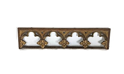 antique small French Gothic tracery frame filigree pediment two toned wood architectural reclaimed