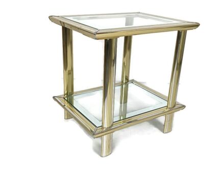 vintage tea coffee table clear glass golden rim two tier attributed to Belgo chrome