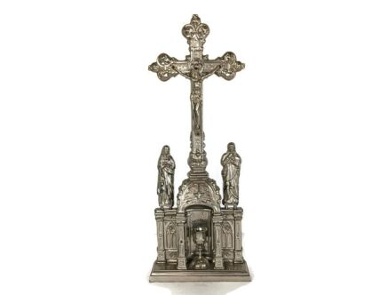 Standing Crucifix Calvary Saint John Mary Magdalene Chalice  Faux Brass Spelter vintage