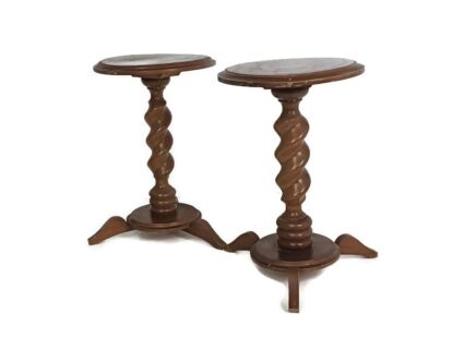 pair lovely vintage Barley twist carved wood Pedestals tripod legs, Side tables plant stands barn style