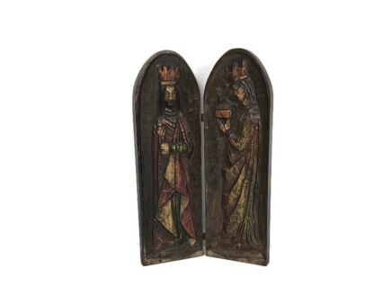 hand carved wooden Diptych vintage Spanish Style polychrome King and Queen 