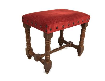 Vintage   Footstool Foot rest ottoman red fabric Hobnails Wood