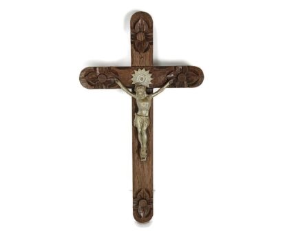 small vintage wall crucifix cross carved wood spelter Corpus Christi, lovely