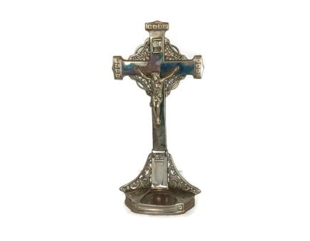 vintage standing table crucifix cross spelter faux brass crucifixion JMPC Belgium