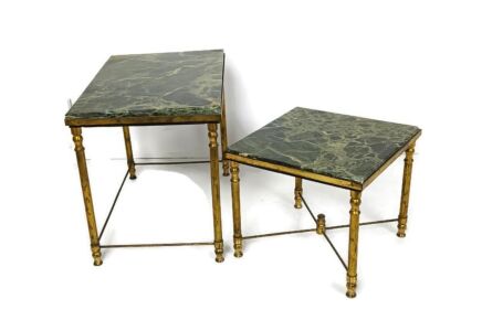 set of 2 nesting stacking tables Hollywood regency green  marble tops brass legs vintage heavy