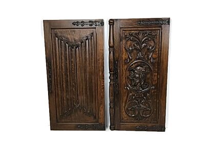 Pair antique Carved Wood Door Panels Iron Trims   Architectural Salvaged Reclaimed Gorgeous