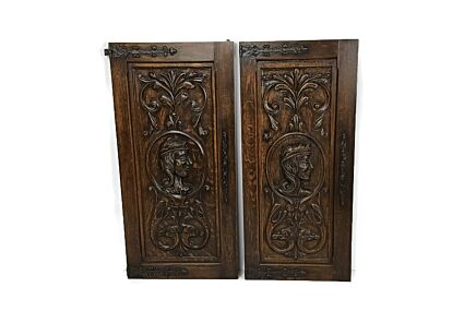 Pair antique Carved Wood Door Panels Iron Trims   Architectural Salvaged Reclaimed figure heads