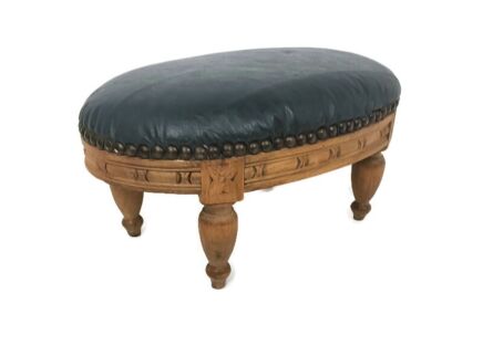 small mini footstool ottoman vintage carved wood faux leather hobnails petrol blue lovely