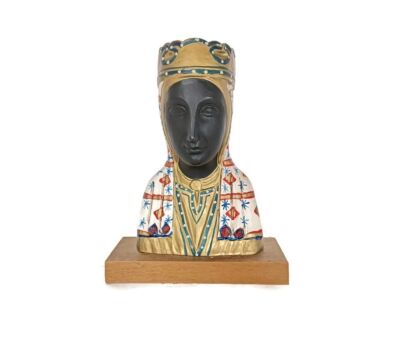 small bust of Our Lady of Montserrat Black Madonna terracotta on wooden base HTF