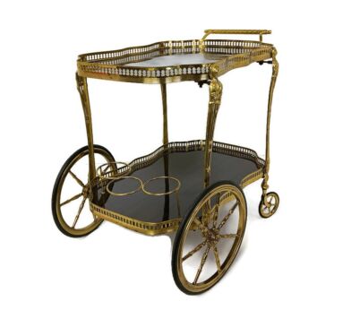 Bar Cart Trolley Cocktail Kitchen Island Serving Tray Hollywood Regency Wood Veneer Luxurious