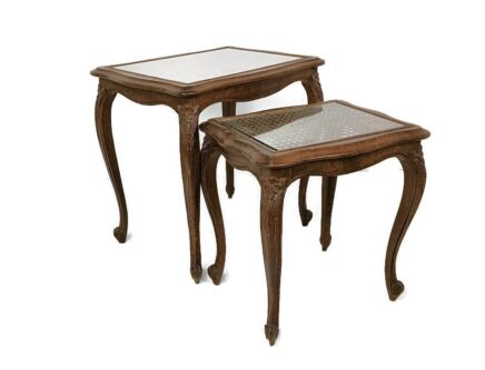 Vintage set of 2 Wooden Nesting Side Tables Cane Rush Glass Table Tops Louis XV barn style