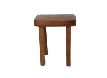 antique  carved wooden milking stool pedestal plant stand side table, thick top barn style
