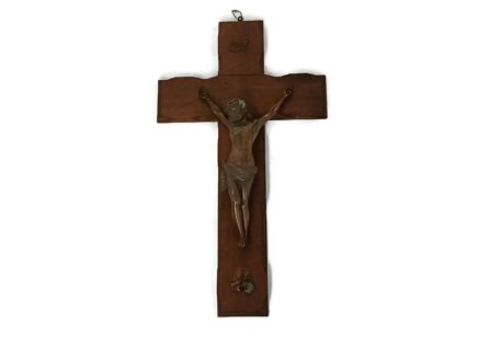Large art deco hanging crucifix wood Copper antique Jesus Christ Cross