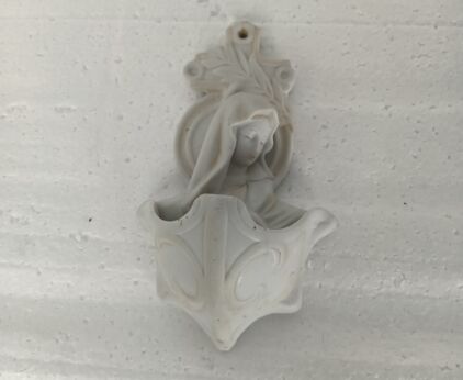 Antique Holy Water font Vessel Bisque Porcelain Our Lady Madonna Virgin Mary 