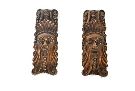 Pair Corbels  Carved Wood Pediment Antique Finial Architectural Finials French Brackets faces