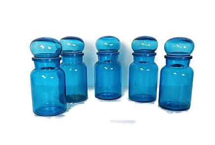 Vintage  set of 5 Belgian Blue Glass containers   for bathroom, kitchen canisters, apothecary jars, retro kitchen decor