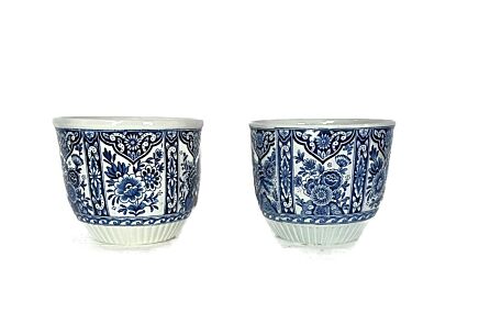 set of 2 Boch Royal Sphinx Delft blue White Flower Pot Jardiniere Planter Marked vintage