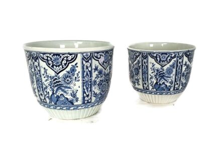 set of 2 Boch Royal Sphinx Delft blue White Flower Pot fit together Jardiniere Planters Marked vintage
