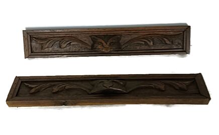 pair of wooden ornate reclaimed cabinet drawer panels antique architectural handles faces