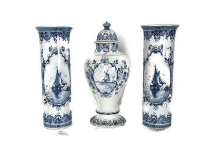 Delft Blue White Garniture Set Two trumpet Vases Urn Lidded 3 pieces vintage marked Delft 