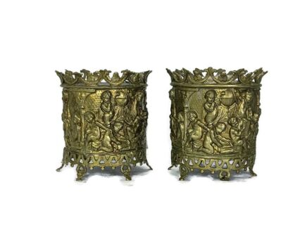 stunning couple faux brass spelter repousse jardinieres planters putti vintage neo gothic style