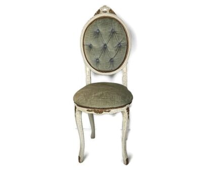 Parlor Chair French Provincial Hobnails Fabric Ornate Carved Crackeled Wood Vintage  green velvet