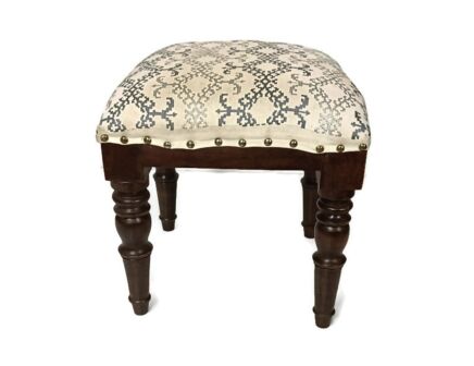 vintage Footstool Ottoman  Wood Foot Rest 20th century hobnails fabric