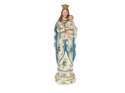 French Antique Bisque Statue Virgin Mary Lady Madonna with Infant Jesus baby blue