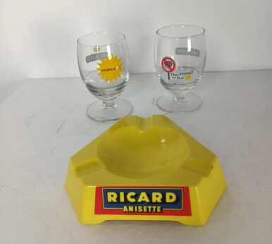 set of 2 different French Ricard Glasses + 1 ashtray Pastis Apero Collector HTF France