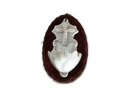 antique bisque porcelain white vessel holy water font crucifixion on velvet wooden plaque