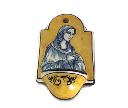 vintage holy water font vessel Spain Robles ceramic Virgin Mary colorful wall hanging