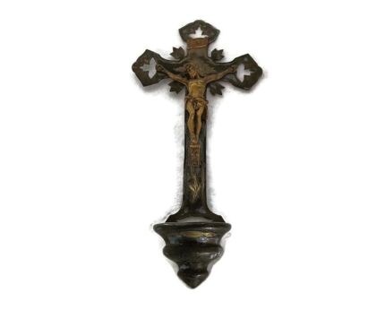 antique lovely brass ornate holy water font vessel crucifixion very special wall hanging
