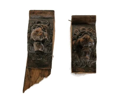 Antique couple Corbels Hand Carved Wood Architectural reclaimed Lion Heads Trims salvaged