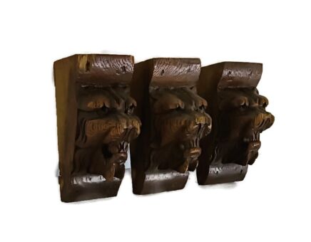 set of 3 Antique  Corbels Hand Carved Wood Architectural reclaimed Lion Heads Trims 