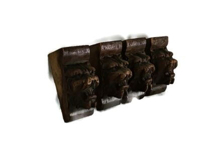 set of 4 Antique Corbels Hand Carved Wood Architectural reclaimed Lion Heads Trims 