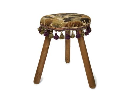 Hand Carved wood Milking Stool Pedestal Table Pedestal Barn Style with fabric on top