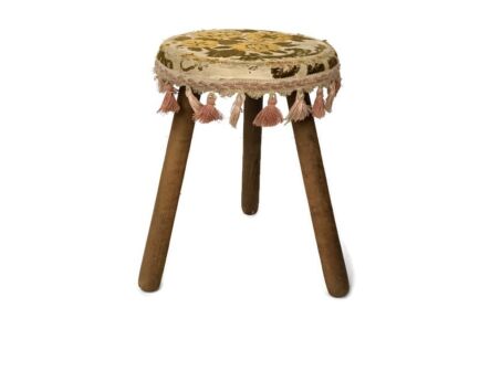 Hand Carved wood Milking Stool Pedestal Table Pedestal Barn Style with fabric on top modernist